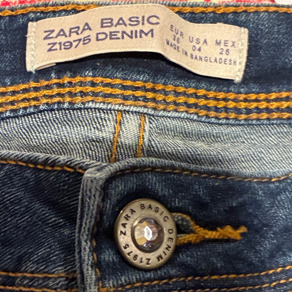 Zara Basic Z1975  Dark Blue Low Rise Denim Distressed Skinny Worn 1X Sz. 27 - Picture 3 of 8